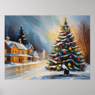 Poster Cabines enneigés avec sapin de Noël