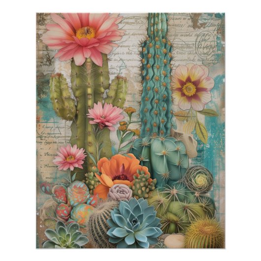 Poster Cactus à fleurs Succulents du désert (Devant)