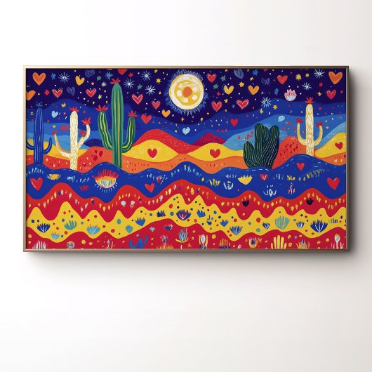 Poster Cactus, cœurs et étoiles au clair de lune