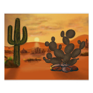 Poster Cactus dans le desert, couleurs automne chaudes.