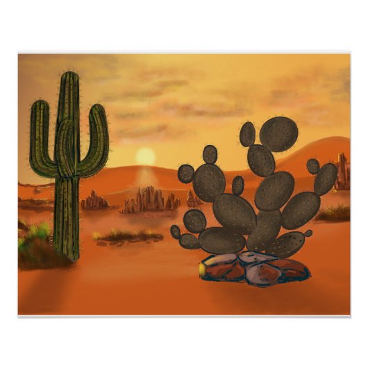 Poster Cactus dans le desert, couleurs automne chaudes. (Devant)