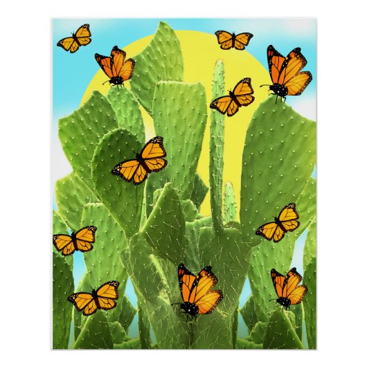 Poster Cactus et papillons fantaisistes (Devant)
