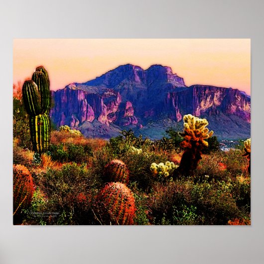 Poster Cactus Et Purple Mountain Arizona Désert 14x11 (Devant)