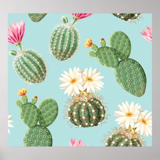 Poster Cactus, fleurs roses : décor clair (Devant)