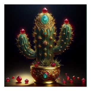 Poster Cactus Saguaro Doré Avec Rubis Incérés
