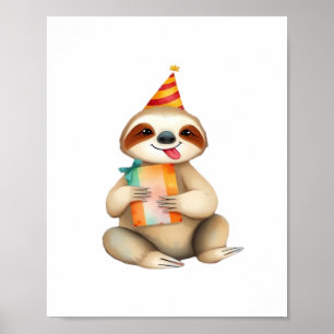 Poster Cadeau d'anniversaire de paresseux chapeau de fête