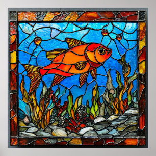 Poster 🎁 Cadeau d'art en verre coloré Poisson Rouge pour