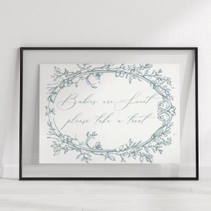 Poster Cadeau de Baby Shower Fleur Bleu Vintage Intempore