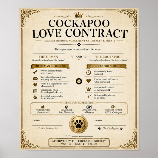 Poster Cadeau de Contrat d'Amour Cockapoo Personnalisé (Devant)