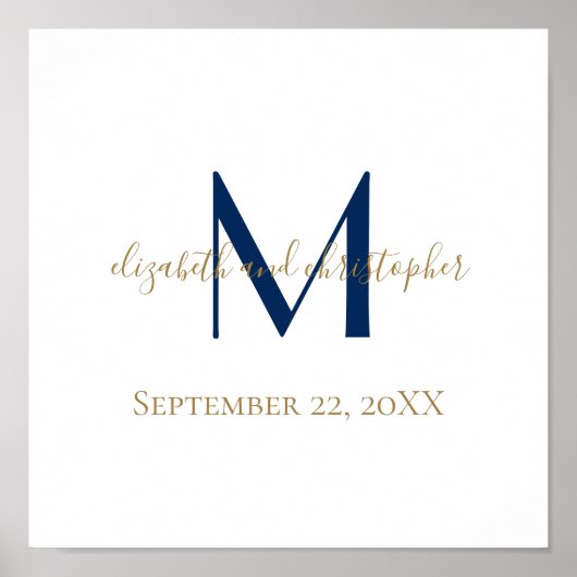 Poster Cadeau de date de mariage or bleu avec monogramme  (Devant)