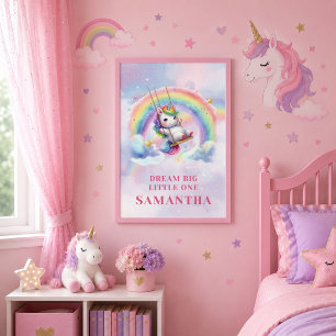 Poster Cadeau de mur d'anniversaire de fille licorne rose
