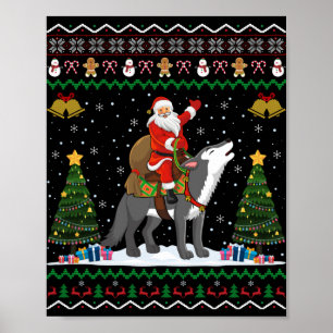 Poster Cadeau de Noël du loup laid Santa à cheval sur un 
