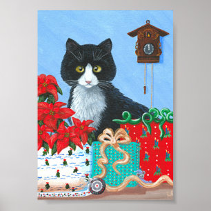 Poster Cadeau de Noël Tuxedo Chat Poinsettias Créationart