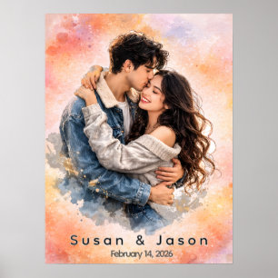 Poster Cadeau de photo personnalisé de couple à l'aquarel