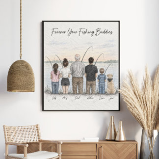 Poster Cadeau de portrait de pêche personnalisé en famill