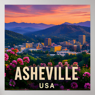 Poster Cadeau de voyage à Asheville Caroline du Nord Mont