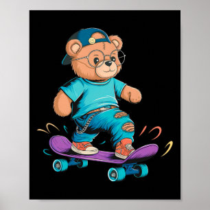 Poster Cadeau d'ours mignon drôle de skateboard pour homm
