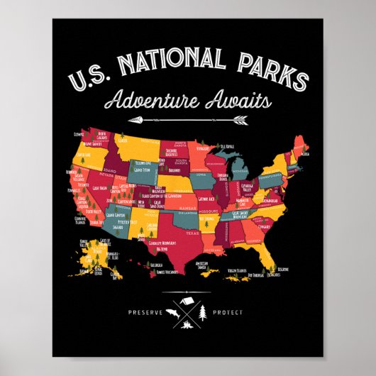 Poster Cadeaux de carte des 62 parcs nationaux Parc améri (Devant)