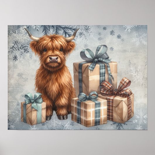 Poster Cadeaux de vache Highland bleue d'hiver (Devant)