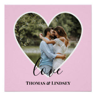 Poster Cadre coeur rose photo personnalisée calligraphie 