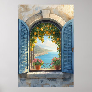 Poster Cadre de fenêtre méditerranéen vue sur la côte Bal