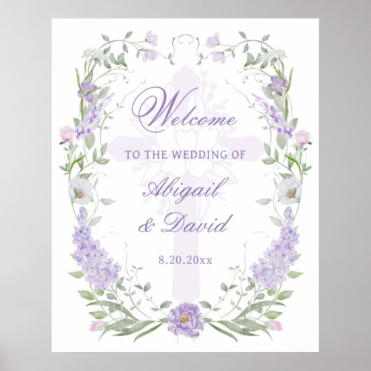 Poster Cadre de mariage religieux floral lilas Bienvenue (Devant)