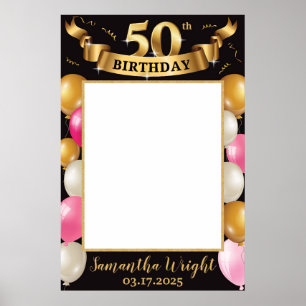 Poster Cadre de photo d'anniversaire rose et noir chic en