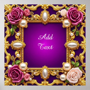 Poster Cadre doré avec roses et perles élégantes