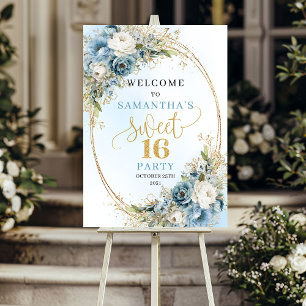 Poster Cadre doré eucalyptus floral bleu clair doux 16ème