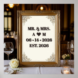 Poster Cadre floral doré de mariage