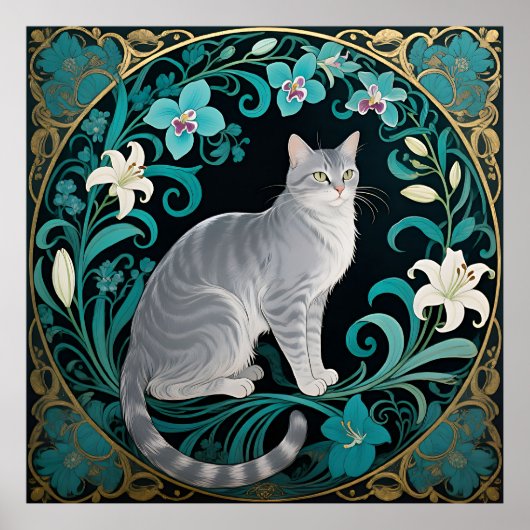 Poster Cadre floral orné chat gris (Devant)
