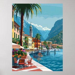 Poster Cadre idyllique de Lugano - Vector Cartoon Art Pos