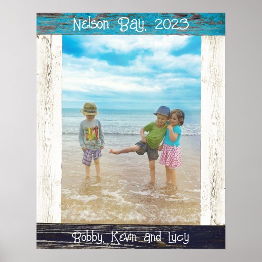 Poster Cadre photo en bois blanc bleu rustique de plage (Devant)