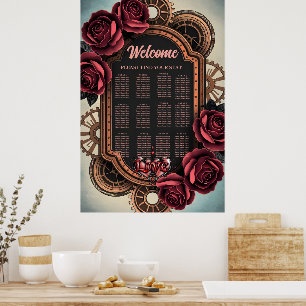 Poster Cadre Steampunk avec Roses rouges et Engrenages