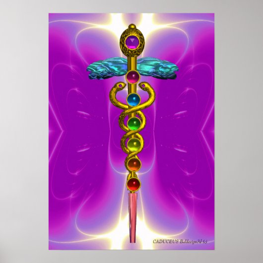 Poster CADUCÉE D'OR 7 CHAKRAS, Yoga, Médical Rose Fuchsia (Devant)