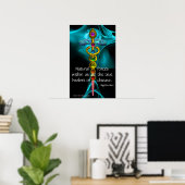 POSTER CADUCÉE D'OR ET 7 CHAKRAS DANS ROSE FRACTALE BLEUE (Bureau à domicile)