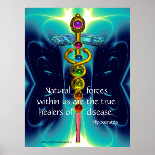 POSTER CADUCÉE D'OR ET 7 CHAKRAS EN ONDES BLEU SAPHIR