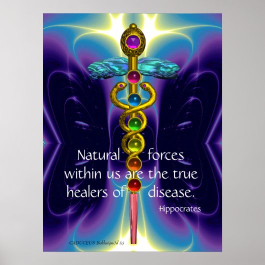 POSTER CADUCÉE D'OR ET 7 CHAKRAS EN ONDES BLEUES VIOLETTE (Devant)