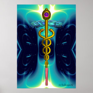 Poster Caducée Médical en Or Symbole Vagues Bleu Sarcelle