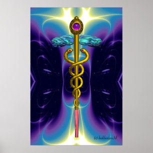 Poster Caducée Médical Symbole Or Vagues Bleu Violet