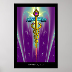 Poster Caducée Médical Symbole Or Vagues Violettes Vertes
