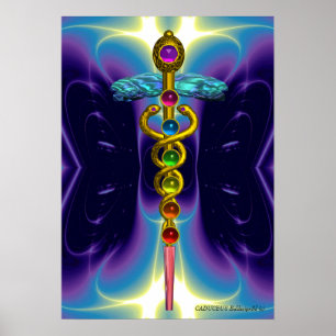 Poster CADUCEUS AND 7 CHAKRAS , vibrant gold ametist