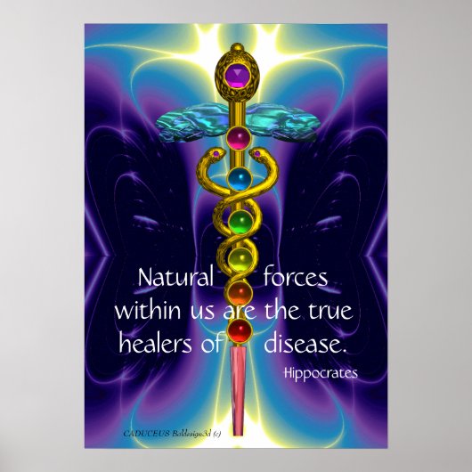 POSTER CADUCUS D'OR ET 7 CHAKRAS DANS DES VAGUES DE VIOLE (Devant)