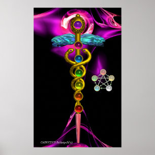 POSTER CADUCUS D'OR ET 7 CHAKRAS EN ROSE FRACTAL ROSE