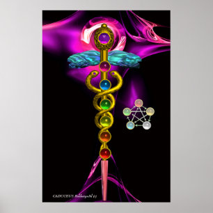 POSTER CADUCUS D'OR ET 7 CHAKRAS EN ROSE FRACTAL ROSE