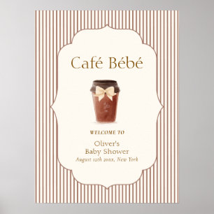 Poster Café Bébé rayure marron Bienvenue à la baby shower