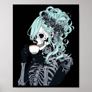 Poster Café Boire Squelette Messy Bun Halloween Costu