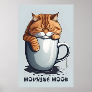 Poster Café Chat Matin, Art numérique Chat Drôle