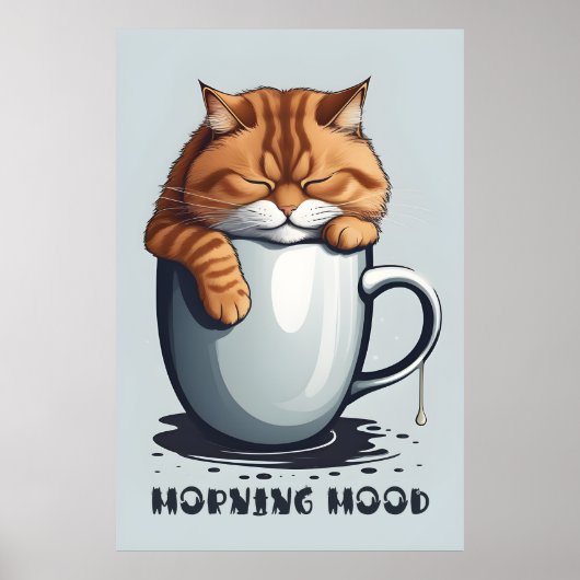 Poster Café Chat Matin, Art numérique Chat Drôle (Devant)