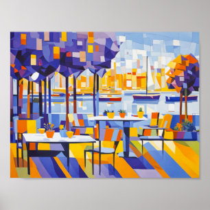 Poster Café Cubiste en plein air avec tables